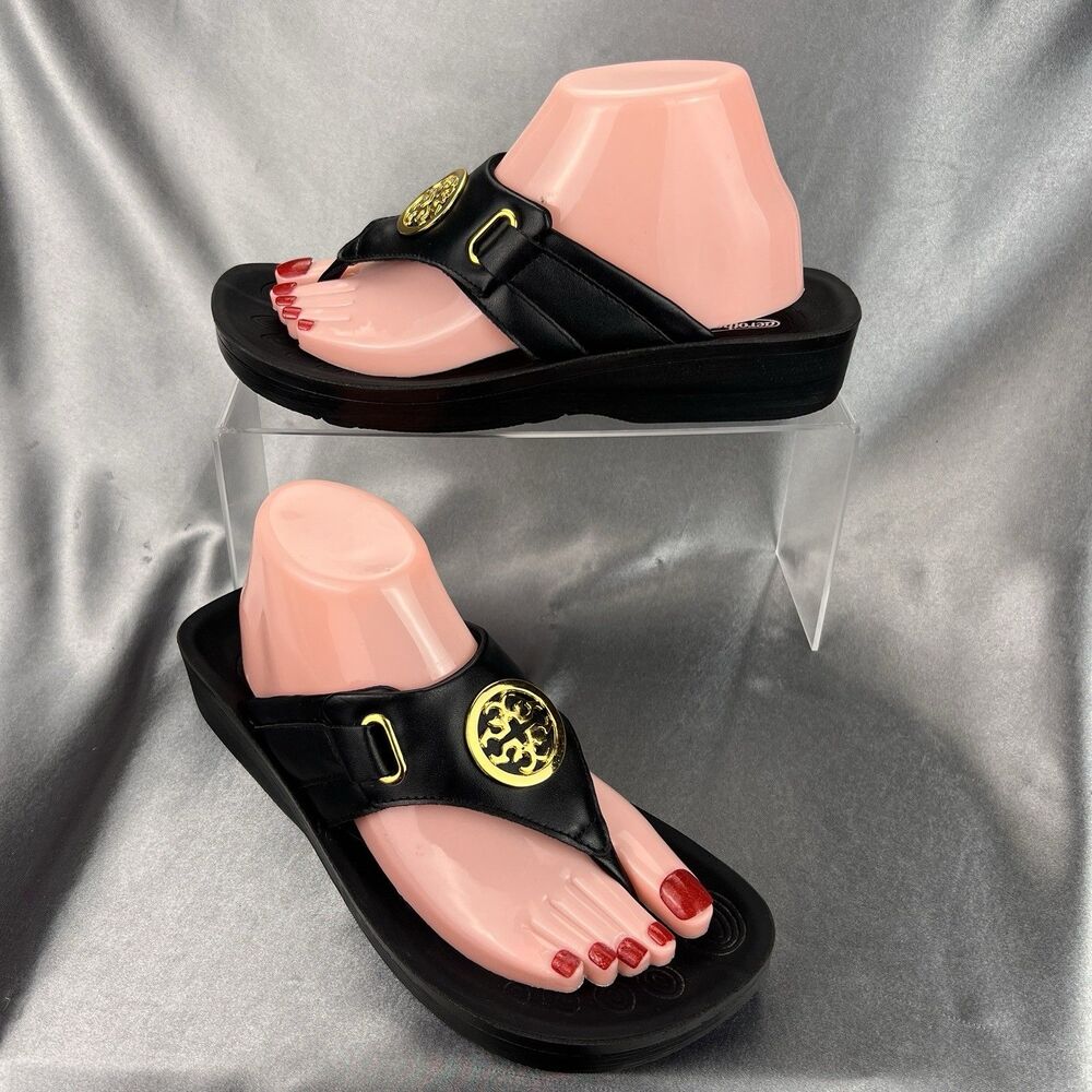 Aerothotic Glynis Arch Support Flip Flops Sandals Womens 9.5 / 40 Black Gold